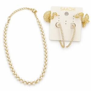 Saachi Gold Tone Pearl Necklace Hoop Statement Earrings Jewelry Set